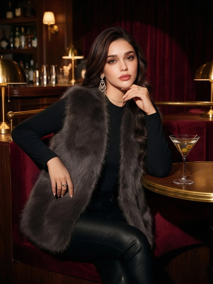 Auvina Plus Size Sleeveless Faux Fur Elegant Jacket Winter - Coffee Brown - View 1