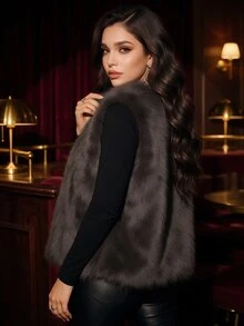Auvina Plus Size Sleeveless Faux Fur Elegant Jacket Winter - Coffee Brown - View 2