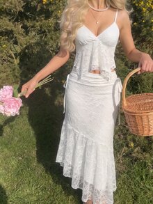 SHEIN MOD Women's Asymmetric Hem Lace Camisole And Side Tie Waist Skirt Fashion Two Pieces Set - White - View 3