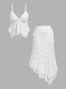 SHEIN MOD Women's Asymmetric Hem Lace Camisole And Side Tie Waist Skirt Fashion Two Pieces Set - White - View 11