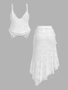 SHEIN MOD Women's Asymmetric Hem Lace Camisole And Side Tie Waist Skirt Fashion Two Pieces Set - White - View 2