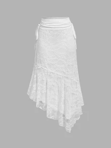 SHEIN MOD Women's Asymmetric Hem Lace Camisole And Side Tie Waist Skirt Fashion Two Pieces Set - White - View 12
