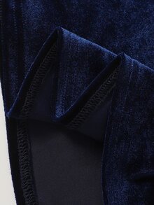 青少年女孩秋冬日常優雅派對天鵝絨串珠露肩拼接荷葉邊裙擺禮服正式長裙 適合萬聖節、聖誕節、新年 深藍色長款天鵝絨洋裝 - 寶藍色 - 查看 6