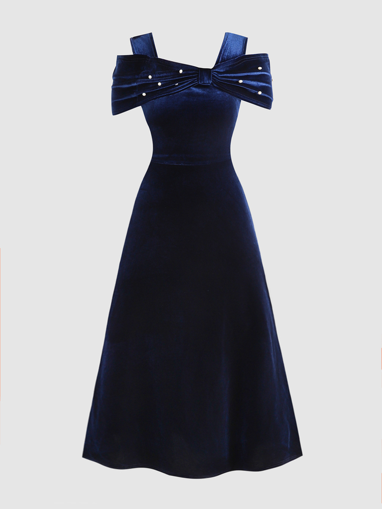 Teen Girl Autumn/Winter Daily Elegant Party Velvet Beaded Off-Shoulder Patchwork Ruffle Hem Dress Formal Gown Party Dress Suitable For Halloween Christmas New Year Teen Girl Dress Deep Blue Long Velvet Dress - Royal Blue - View 3
