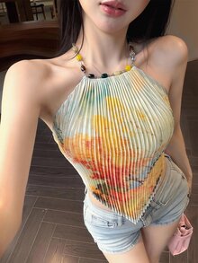 Joudiya Artistic Casual Sexy Oil Painting Style Camisole For Women, Spring Summer Vacation Yellow Graphic Tee Going Out Tops - Yellow - View 6