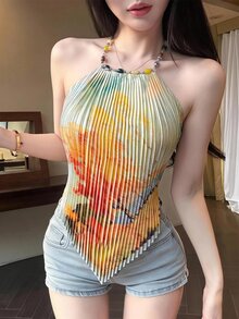Joudiya Artistic Casual Sexy Oil Painting Style Camisole For Women, Spring Summer Vacation Yellow Graphic Tee Going Out Tops - Yellow - View 3