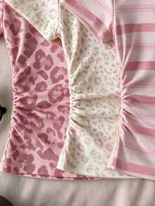 Teen Girls Casual Minimalist Sweet Pink & White Striped Print, Cream Style, Round Neck Waist Gathered Fitted Short Sleeve T-Shirt, Suitable For Spring/Summer Y2K, Easy Comfort, Tops, Chill, Personalized Outfit, Daily Basic Matching - Multicolor - View 4
