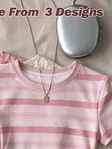 Teen Girls Casual Minimalist Sweet Pink & White Striped Print, Cream Style, Round Neck Waist Gathered Fitted Short Sleeve T-Shirt, Suitable For Spring/Summer Y2K, Easy Comfort, Tops, Chill, Personalized Outfit, Daily Basic Matching - Multicolor - View 5