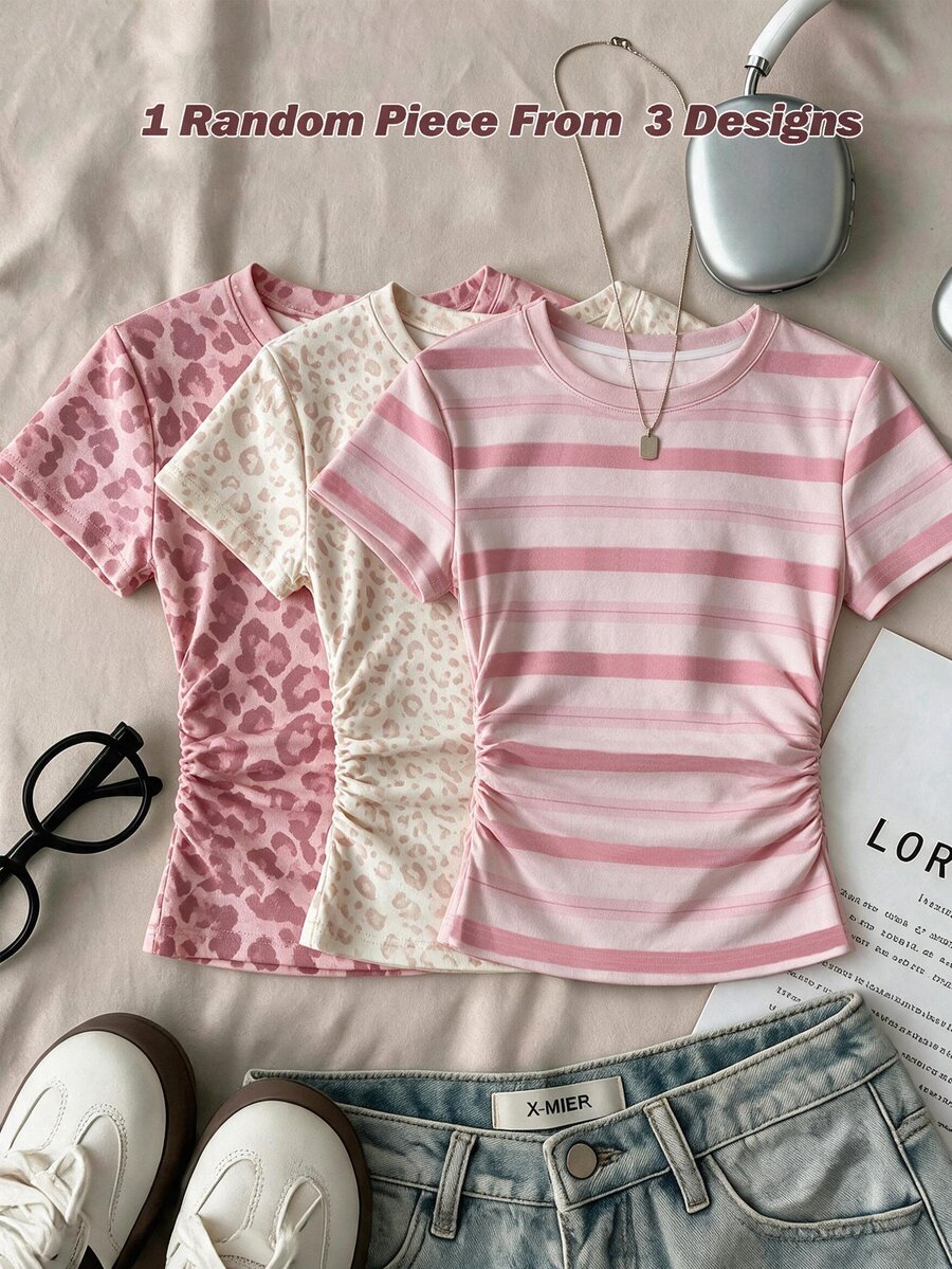 Teen Girls Casual Minimalist Sweet Pink & White Striped Print, Cream Style, Round Neck Waist Gathered Fitted Short Sleeve T-Shirt, Suitable For Spring/Summer Y2K, Easy Comfort, Tops, Chill, Personalized Outfit, Daily Basic Matching - Multicolor - View 1