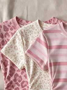 Teen Girls Casual Minimalist Sweet Pink & White Striped Print, Cream Style, Round Neck Waist Gathered Fitted Short Sleeve T-Shirt, Suitable For Spring/Summer Y2K, Easy Comfort, Tops, Chill, Personalized Outfit, Daily Basic Matching - Multicolor - View 3