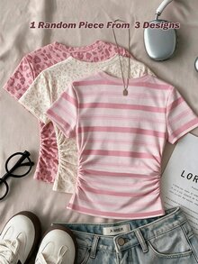 Teen Girls Casual Minimalist Sweet Pink & White Striped Print, Cream Style, Round Neck Waist Gathered Fitted Short Sleeve T-Shirt, Suitable For Spring/Summer Y2K, Easy Comfort, Tops, Chill, Personalized Outfit, Daily Basic Matching - Multicolor - View 2