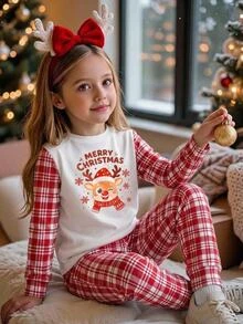 SHEIN Tween Girls Tween Girl Autumn/Winter Christmas Cute Fashion Versatile Party Long Sleeve Long Pants Set, Daily Home Wear, Slim Fit - Multicolor - View 2