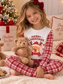 SHEIN Tween Girls Tween Girl Autumn/Winter Christmas Cute Fashion Versatile Party Long Sleeve Long Pants Set, Daily Home Wear, Slim Fit - Multicolor - View 13