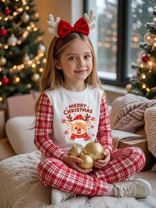 SHEIN Tween Girls Tween Girl Autumn/Winter Christmas Cute Fashion Versatile Party Long Sleeve Long Pants Set, Daily Home Wear, Slim Fit - Multicolor - View 3