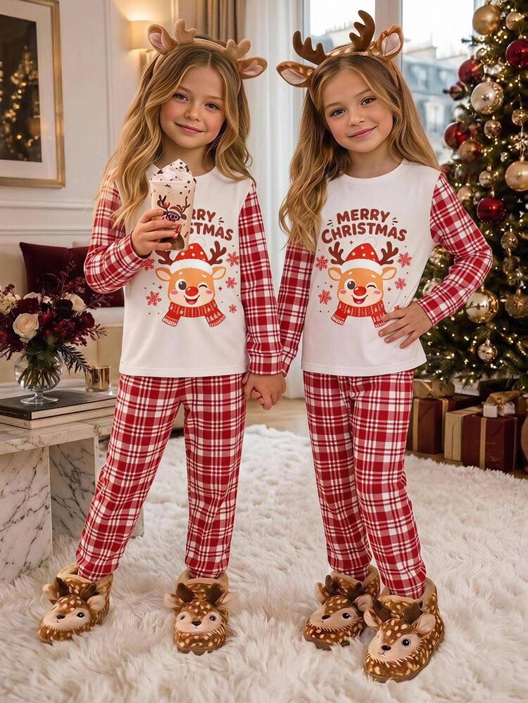 SHEIN Tween Girls Tween Girl Autumn/Winter Christmas Cute Fashion Versatile Party Long Sleeve Long Pants Set, Daily Home Wear, Slim Fit - Multicolor - View 11
