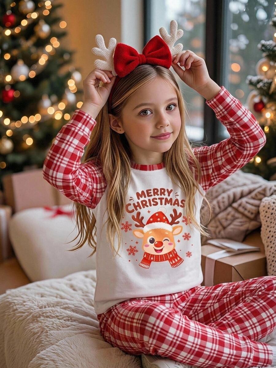 SHEIN Tween Girls Tween Girl Autumn/Winter Christmas Cute Fashion Versatile Party Long Sleeve Long Pants Set, Daily Home Wear, Slim Fit - Multicolor - View 1