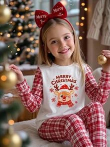 SHEIN Tween Girls Tween Girl Autumn/Winter Christmas Cute Fashion Versatile Party Long Sleeve Long Pants Set, Daily Home Wear, Slim Fit - Multicolor - View 9