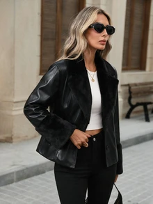 Brillora Solid Color Long Sleeve Casual PU Patchwork Waisted Jacket With Drawstring In Fall/Winter - Black - View 4