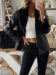 Brillora Solid Color Long Sleeve Casual PU Patchwork Waisted Jacket With Drawstring In Fall/Winter - Black - View 9