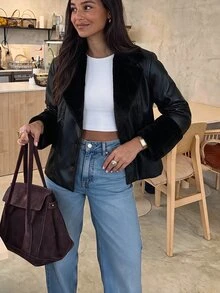 Brillora Solid Color Long Sleeve Casual PU Patchwork Waisted Jacket With Drawstring In Fall/Winter - Black - View 8