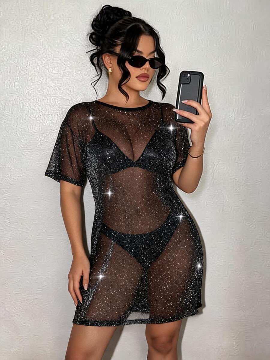 SHEIN SXY 黑色闪亮网眼透视短裙,夏季 - 黑色 - 查看 1