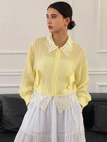 Livesso Autumn White And Yellow Lace Patchwork Loose Solid Color Women's Regular Jacket Date High Tea Breakfast Elegant Vacation - Yellow - View 1
