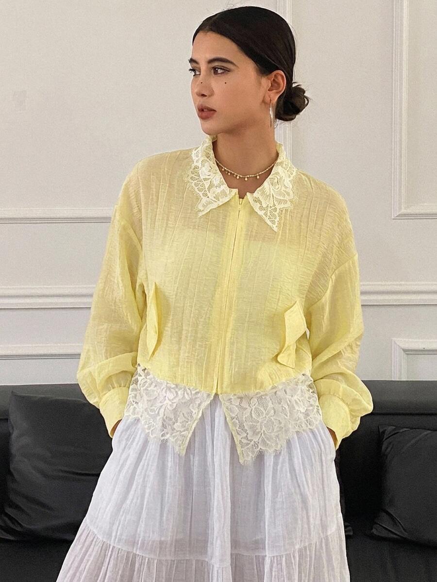 Livesso Autumn White And Yellow Lace Patchwork Loose Solid Color Women's Regular Jacket Date High Tea Breakfast Elegant Vacation - Yellow - View 1