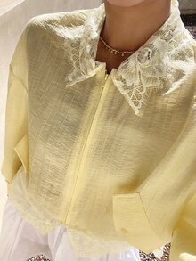 Livesso Autumn White And Yellow Lace Patchwork Loose Solid Color Women's Regular Jacket Date High Tea Breakfast Elegant Vacation - Yellow - View 7