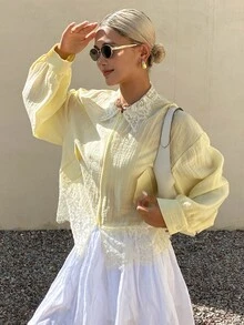 Livesso Autumn White And Yellow Lace Patchwork Loose Solid Color Women's Regular Jacket Date High Tea Breakfast Elegant Vacation - Yellow - View 5