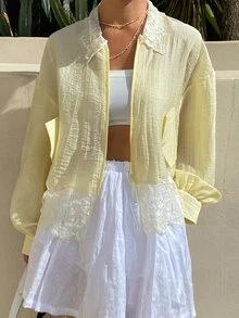 Livesso Autumn White And Yellow Lace Patchwork Loose Solid Color Women's Regular Jacket Date High Tea Breakfast Elegant Vacation - Yellow - View 3