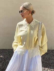 Livesso Autumn White And Yellow Lace Patchwork Loose Solid Color Women's Regular Jacket Date High Tea Breakfast Elegant Vacation - Yellow - View 6