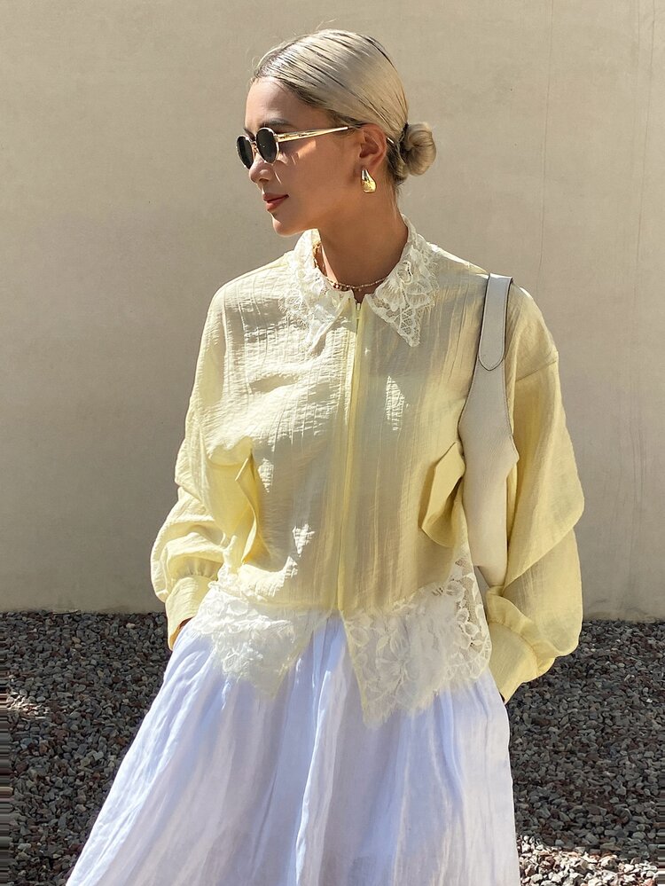 Livesso Autumn White And Yellow Lace Patchwork Loose Solid Color Women's Regular Jacket Date High Tea Breakfast Elegant Vacation - Yellow - View 6