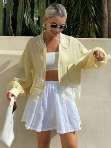 Livesso Autumn White And Yellow Lace Patchwork Loose Solid Color Women's Regular Jacket Date High Tea Breakfast Elegant Vacation - Yellow - View 4