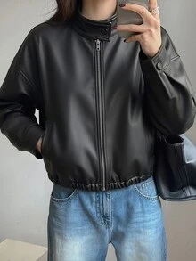 DAZY Spring New Distressed Leather Short Jacket Valentine's Day Outerwear Women's Regular Jacket Summer - Black - View 4