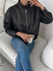 DAZY Spring New Distressed Leather Short Jacket Valentine's Day Outerwear Women's Regular Jacket Summer - Black - View 8