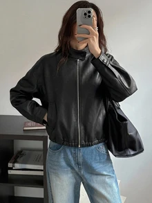 DAZY Spring New Distressed Leather Short Jacket Valentine's Day Outerwear Women's Regular Jacket Summer - Black - View 6