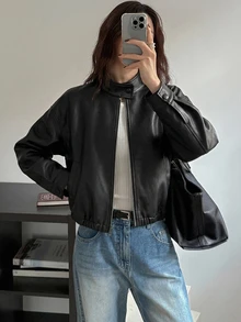 DAZY Spring New Distressed Leather Short Jacket Valentine's Day Outerwear Women's Regular Jacket Summer - Black - View 10