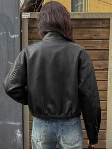DAZY Spring New Distressed Leather Short Jacket Valentine's Day Outerwear Women's Regular Jacket Summer - Black - View 2