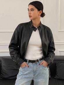 DAZY Spring New Distressed Leather Short Jacket Valentine's Day Outerwear Women's Regular Jacket Summer - Black - View 1