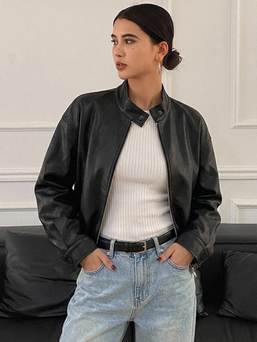 DAZY Spring New Distressed Leather Short Jacket Valentine's Day Outerwear Women's Regular Jacket Summer - Black - View 1