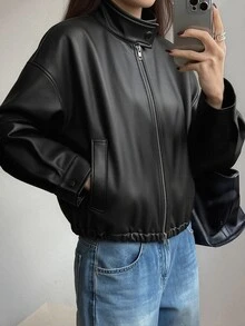 DAZY Spring New Distressed Leather Short Jacket Valentine's Day Outerwear Women's Regular Jacket Summer - Black - View 3