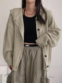 DAZY Women's Casual Solid Color Drawstring Hooded Dropped Shoulder Loose Cardigan,Fall Clothes Jacket - Khaki - View 6