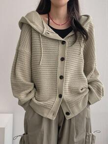 DAZY Women's Casual Solid Color Drawstring Hooded Dropped Shoulder Loose Cardigan,Fall Clothes Jacket - Khaki - View 2
