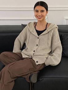 DAZY Women's Casual Solid Color Drawstring Hooded Dropped Shoulder Loose Cardigan,Fall Clothes Jacket - Khaki - View 1