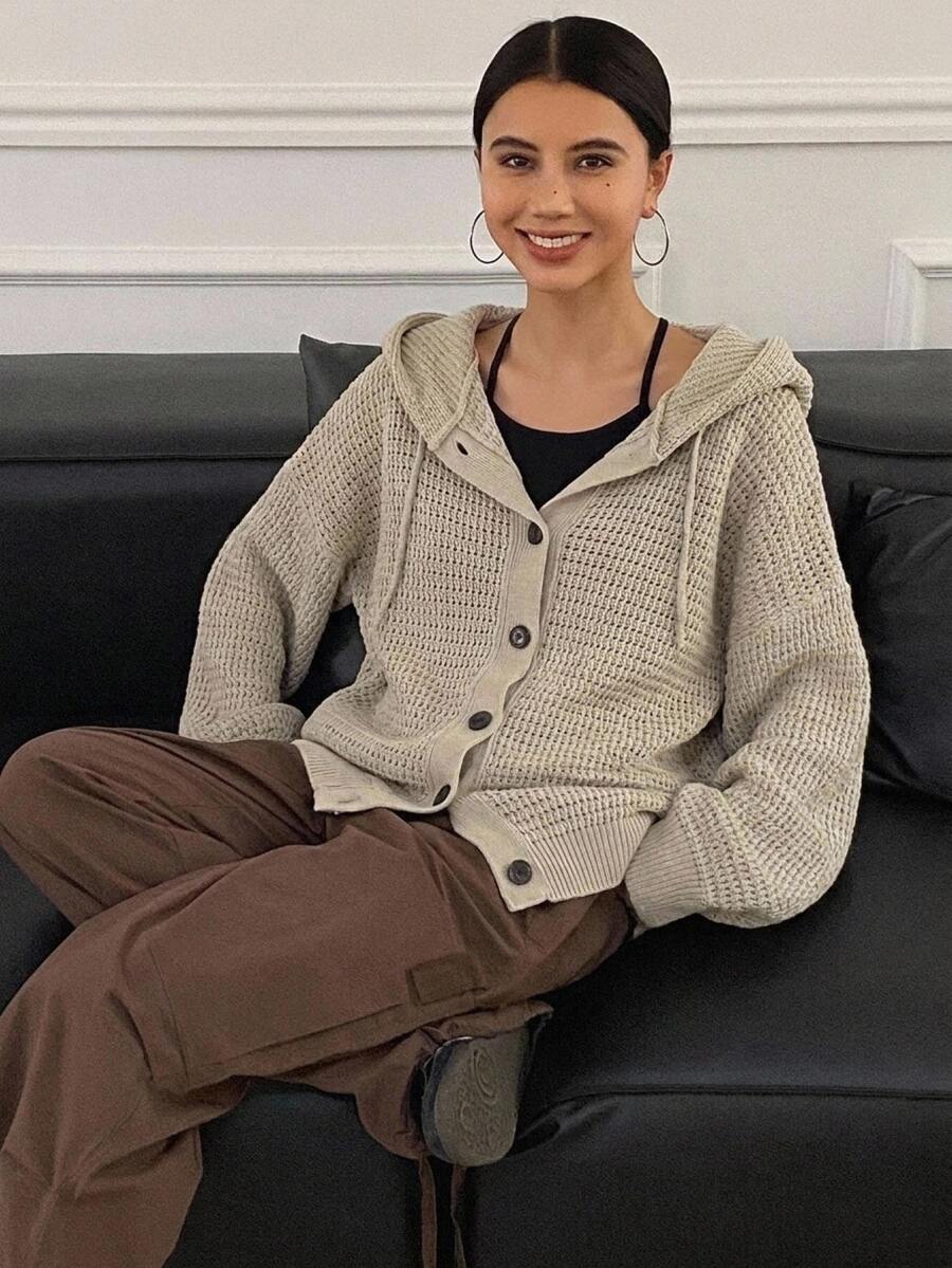 DAZY Women's Casual Solid Color Drawstring Hooded Dropped Shoulder Loose Cardigan,Fall Clothes Jacket - Khaki - View 1