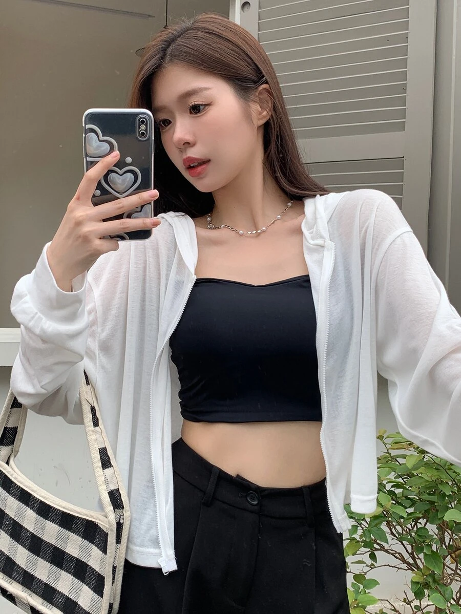 DAZY Women Solid Color Drop Shoulder Loose Fit Zipper Front Hooded Jacket Fall/Winter School Cute Tops - White - View 1