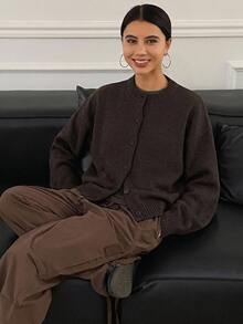 DAZY Women's Solid Color Minimalist Knit Cardigan Y2k - Coffee Brown - View 7