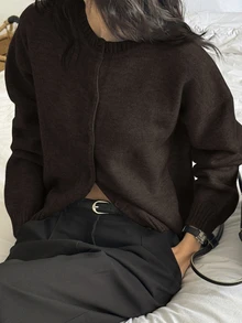 DAZY Women's Solid Color Minimalist Knit Cardigan Y2k - Coffee Brown - View 3