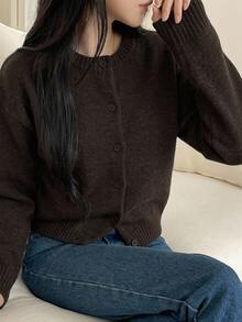 DAZY Women's Solid Color Minimalist Knit Cardigan Y2k - Coffee Brown - View 6