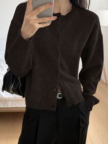 DAZY Women's Solid Color Minimalist Knit Cardigan Y2k - Coffee Brown - View 2